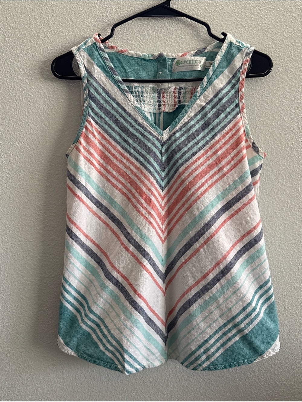 Aventura Organic Cotton Sleeveless Boho Blouse Teal Coral Smocked Back Tank Top